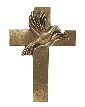 Modernes Wandkreuz mit Friedenstaube aus Bronze, 17 x 11,8 cm, Design: Andrea Zrenner