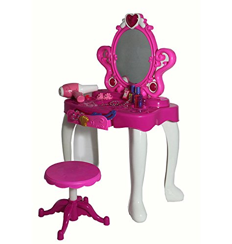 FoxHunter Girls Dressing Table Mirror Play Set Kids Glamour Beauty Makeup Game Toy Gift Music Lights With Stool Pink and White