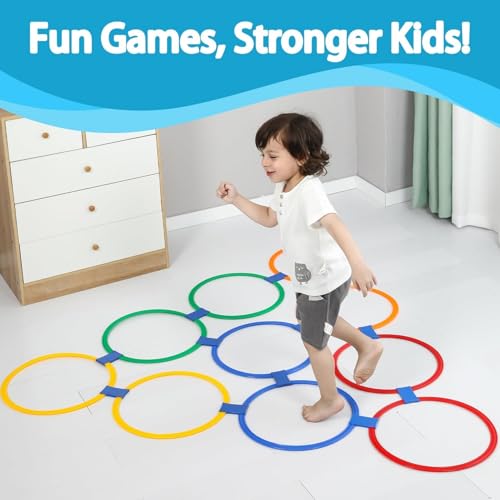 AM ANNA 2 Sets Hopscotch Rings Game for Kids, 20 Plastic Square & Round Hoops with 25 Connectors for Toddlers Gross Motor Skills, Playground Obstacle Course for Toddlers