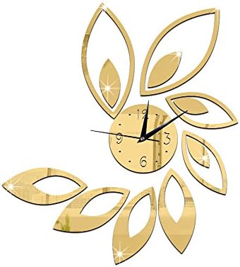 FortuneVin Wall Clock Silent movement Wall Clock Home Office Decor for Living Room Bedroom and Kitchen Clock Wall Large Diy Leaf-Shaped Acrylic Mirror Sticker Large Children'S Room Coffee, Gold