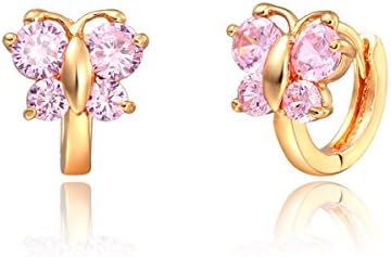 Windshow 18K Yellow Gold Plated Butterfly CZ Mini Huggie Hoop Earrings for Baby Girls Children Kids 0.48" (Pink)
