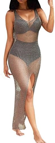 AmyDong Hot Sale Women's Dress, Women Crochet Hollow Out Beach Bikini Cover up Swimsuit Bathing Swimwear Dress Sleeveless Fishnet Blouse (L, Khaki)