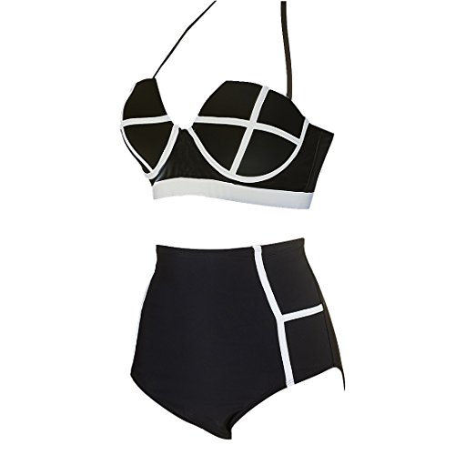 LA PLAGE Women's High Waist Vintage Push Up Padded Swimsuit Size XXL Black - Thumbnail 2