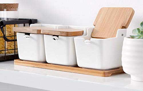 VanEnjoy White Ceramic Sugar Spice Containers Porcelain Jar Set with Flip Bamboo Lids, Tray and Spoons,Square Condiment Serving Tea,Coffee,Spice,Salt Set of 3