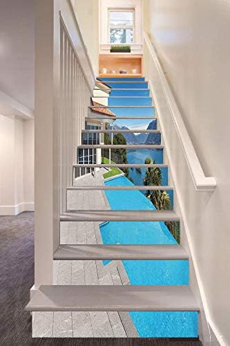 anselc05ls House Decor 3D Stair Riser Stickers Removable Wall Murals Stickers,View from The Terrace of a House with Pool Mountains Scenic Architecture,for Home Decor 39.3"x7"x13PCS,