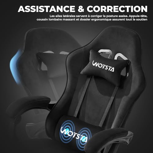 WOTSTA Massage Chaise Gaming Tissu avec Coussin en éponge Haute densité, Siege Gamer avec Repose-Pieds, Fauteuil Gamer pour Adultes Kids,Chaises de Bureau Capacité de Charge 120 kg
