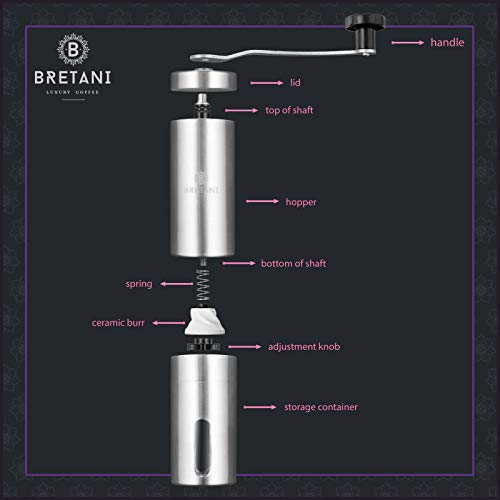 Bretani Manuelle Kaffeemühle – gebürsteter Edelstahl mit einstellbarer konischer Mahlmühle für Tropfkaffee, Espresso… – Bild 5