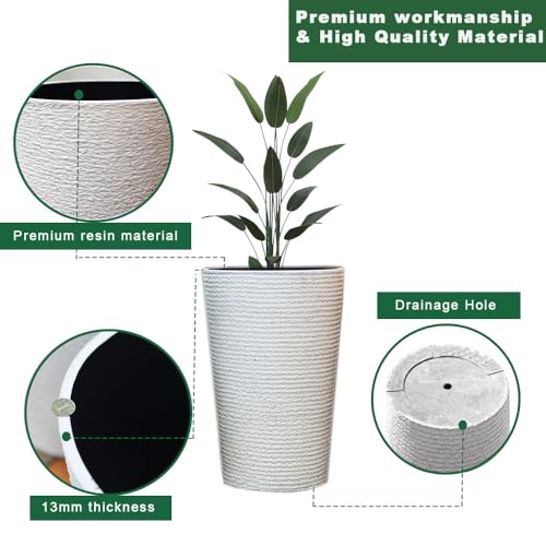 Gluckluz Tree Planter Big 20" Plant Containers Large Tall Tree Holder Resin Flower Pot with Drainage Hole for Indoor Outdoor Garden Front Door Patio Deck Porch Balcony (White, Modern Design)
