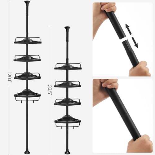 SONGMICS Shower Corner Shelf, 4-Tier Bathroom Shower Shelf, 85-305 cm Adjustable Shower Caddies, Bathroom Organiser, Black BCB001B01