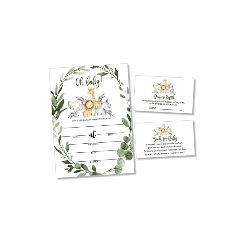 25 Boxed Wreath Safari Greenery Baby Shower Invitations (Large Size 5X7 inches), Diaper Raffle Tickets, Baby Shower Book…