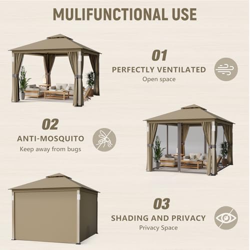 10x12 Patio Gazebo with LED Lights, Bluetooth Speakers, Mosquito Netting & Privacy Curtains image 20