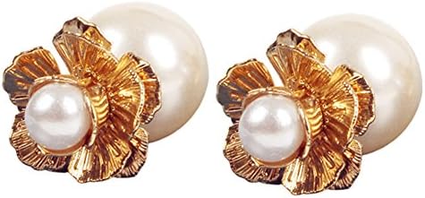 18K Gold Plated Baroque style Golden Flower double-sided balls imitation Pearl women stud earring