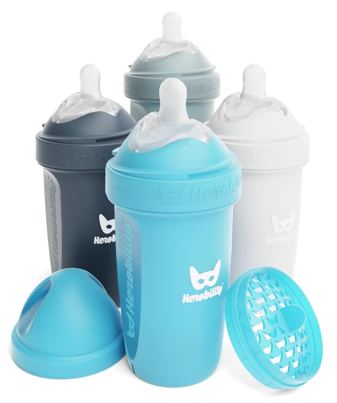 Photo 1 of Herobility Double Anti-Colic Baby Bottles – 8.5 fl oz/240ml – 4-Pack – Multicolor - White, Gray, Iron Blue, Blue