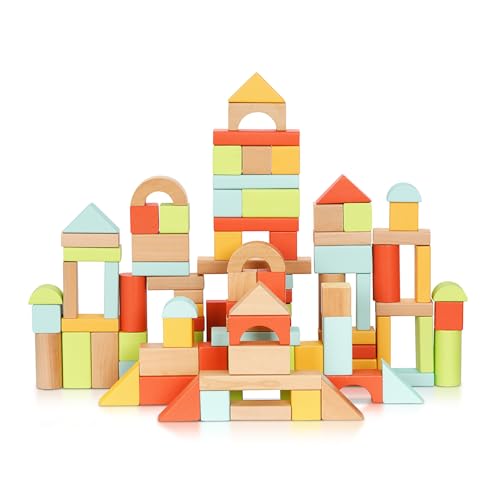 OOOK 100pcs Building Blocks for Toddlers 1-3, Wooden Blocks for Kids with Storage Bucket and Shape Sorter Lid, Montessori Toys for 1 2 3 Year Old, Learning Toys for Preschool Girls and Boys