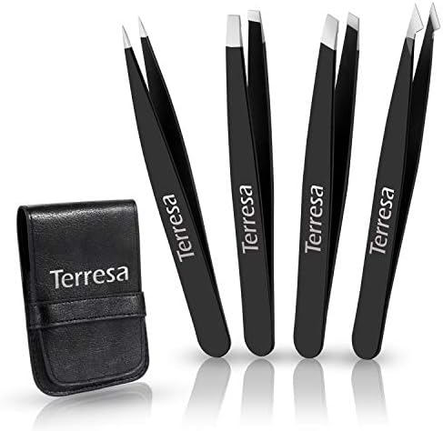 Eyebrow Tweezers Set, Terresa 4 Packs Professional Slant Pointed Tweezer for Eyebrows Plucking, Ingrown Hair Remover, Daily Beauty Tools for Women and Men