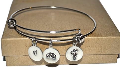 Stainless steel sports charm bracelet, with hand stamped thumbs up bicycle, run and 3.5 inch When in doubt, keep active note card