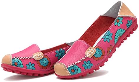 Fidella Women Bright Color Casual Flower Printed Slip On Leather Flat Pumps Shoes rose red