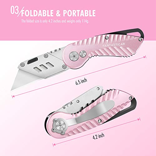 FANTASTICAR-Folding-Utility-Knife-Gift-Box-Cutter-Lightweight-Plume-Type-Body-with-5-Piece-Extra-Blades-Pink