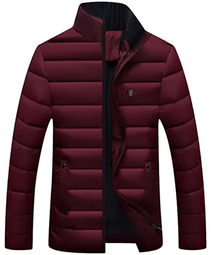 Oberora Mens Winter Stand Collar Zip Up Warm Thicken Qulited Down Jacket Coat Wine Red US L