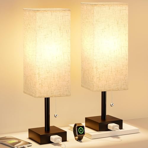Bedside Table Lamps, Set of 2 - Small Rectangular Nightstand Lamp with AC Outlet Charging Port, 3 Color Temperatures Desk Light with Bulb, Tabletop Reading Lamp for Living Room, Dorm, Office