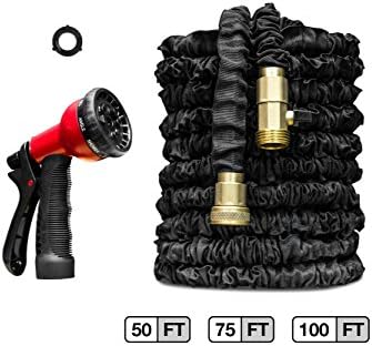 100 FT Expandable Garden Hose Heavy Duty Red Garden Nozzle included w/ Flexible Black Hose & Brass Fittings for Deluxe Gardening