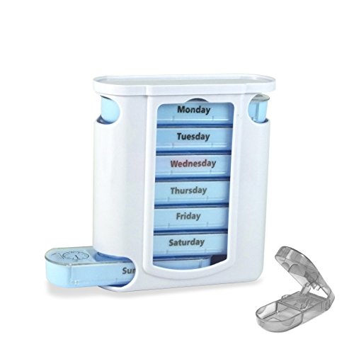 Pill box Organizer Hard Case, 7 daily compartments/boxes, Weekly organized, Medicine container, Ideal for Medication, Vitamin, Supplement. F/travel and purse, Large Dispenser. Pill Cutter gift BS0106J