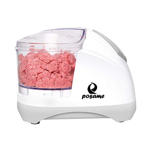 POSAME Meat Grinders Electric Food Processor,Mini Kitchen Food Chopper Vegetable Fruit Cutter Onion Slicer Dicer, Blender and Mincer, with 4-Cup Glass Bowl (White-1.5 Cup)