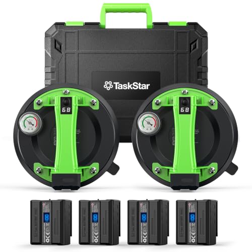 Taskstar Akku Saugheber Fliesen: 4x 2400mAh Akkus Vakuumheber mit 250KG Saugkraft & LCD-Display und Manometer- Für Glas, Marmor, Laminat und Terrassenplatten -2