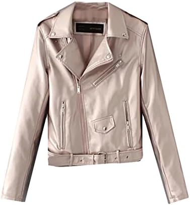 UUYUK Women's Metallic Solid PU Faux Leather Punk Jacket Coat Pink US S