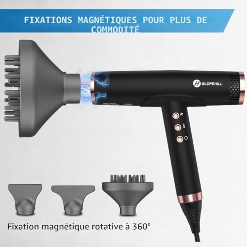 Sèche-cheveux ionique, 110 000 tr/min, moteur sans balais, séchage rapide, avec diffuseur magnétique, faible bruit/technologie biocéramique, pour la maison, les voyages, le salon (noir mat)