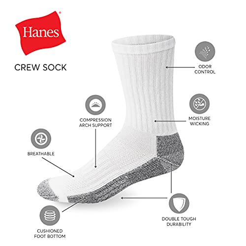 Hanes Men's Work, Cushioned Crew, Moisture-Wicking Socks & Odor Control, Black & White, 6 & 12 Pack Available