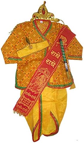 Very Beautiful kanha dress for kids krishna with 2 mukut, bansuri and Stawl (3-4 Years)