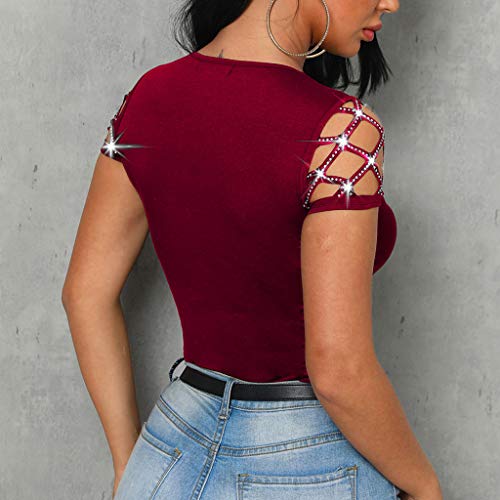Farmerl Womens Tee O-Neck Short Sleeve Hollow Out Bling Nail Beading Casual Tops Wine - Thumbnail 2
