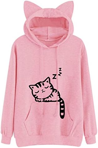 Heeqpmin Hoodies Sweatshirt Kawaii Pink Winter Cat Pattern Long Sleeve Pink S