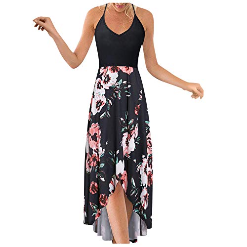 Women\'s Casual Sleeveless Dresses Summer V Neck Maxi Dress Criss Cross Backless Cami Dress Asymmetrical Floral Sundress