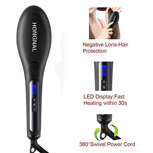 HONGNAL Hair Straightener Brush with Anion Ceramic Iron, Straightening Brush Comb Anti-scald Faster Heating, 110-240V Hot Combs Hair Straightener Auto Shut Off Digital Controls - Thumbnail 4