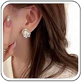 Allereyae Vintage Crystal Pearl Stud Earrings Pearl Square Earrings Rhinestone Mermaid Pearl Earrings Gold Cz Square Stud Earrings Jewelry for Women