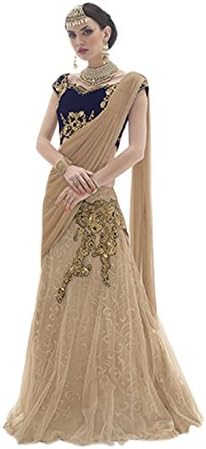 Odhni Women's Indian Bollywood Embroidered Chiku Net Lehenga Saree