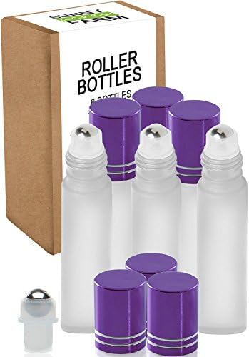 Highest Quality Frosted Glass Roll On Bottles - 1/3oz(10ml) - 6 Pack with Stainless Steel Metal Roll-On Balls - Free Recipe eBook Ideal For Essential Oils, Perfumes, Aromatherapy (Purple Lids)