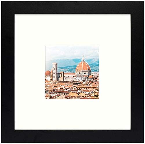 Frametory, 8x8 Square Photo Frame with Ivory Color Mat for 3.5x3.5 Photo, Perfect for Table-Top, Wide Molding, Built in Hanging Features (Black, 1-Pack)