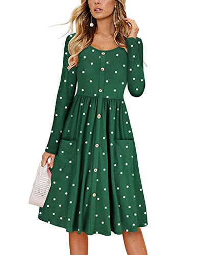 Somateva Women's Long Sleeve Polka Dot Pleated Button Down Dress Swing Casual Midi with Pockets