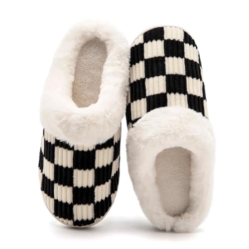 41yTsR7sfnL Waysoland Hausschuhe Damen Herren,Flauschige Damen Plüsch Pantoffeln Aus Memory-Schaum Kariert Rutschfeste Sohle Für Schlafzimmer Winter Slippers Für Drinnen Draußen(Fluffy Schwarz,44/45 Eu)