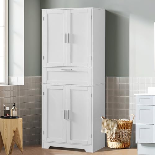 FIONESO 67" Tall Pantry Cabinet, Kitchen Pantry Storage Cabinet with 1 Large Drawer & 2 Adjustable Shelves, Freestanding Cupboard Buffet for Kitchen, Bathroom, White