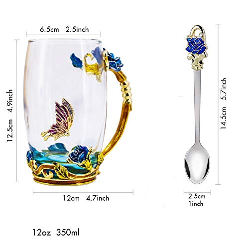 Glass Mug Set Lead-Free Handmade Enamel Butterfly and Blue Rose Flower Tea Cups with Handle, Unique Personalized Birthday Present Ideas for Women Mother Grandma Teachers Coffee (Blue-Tall)
