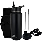 32oz Insulated Stainless Steel Water Bottle With 2 Leakproof Lids, Carrying Pouch, Double Wall Vacuum, BPA Free, Wide Mouth, Ideal for Gym, Fitness, Sports, Travel & Outdoors