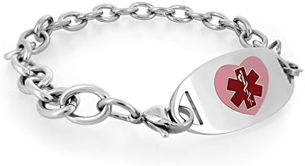 MedicEngraved Womens Stainless Steel Medical ID Bracelet with Pink Heart Enamel Medical Tag - Sizes 6.5, 7, 7.5 (LS-PHT)