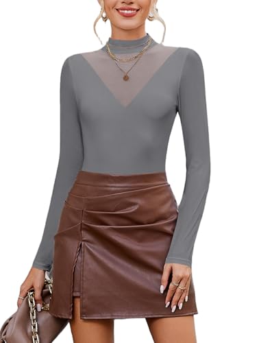 Avidlove Bodysuits for Women Long Sleeves Tops Mesh Moch Neck Leotards Shirts Sexy Going Out Bodysuit Tops Grey L at Amazon