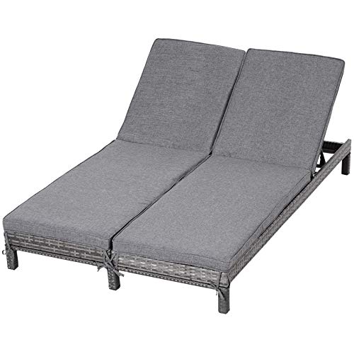 Outsunny Polyrattan Doppelliege Sonnenliege Gartenliege für 2 Personen Relaxliege Luxus Lounge 5-stufige Rückenlehne Metall PE Rattan Grau 196 x 120 x 28 cm