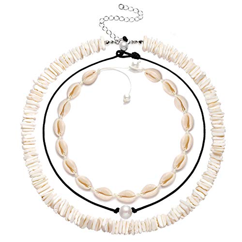 CEALXHENY Puka Shell Necklace, Hawaiian Chip Shell Choker Necklace Bracelet Set Puka Choker Pearl Cord Necklace Summer Surfer Collar for Women Men Girl