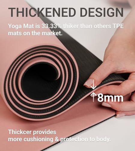 8MM Yoga Mat with Carrying Strap Anti-Slip for Home Workout Exercises Meditation Eco Friendly, Non Skid TPE Yoga Mattres for Pilates 183x61x0.8cm Thick